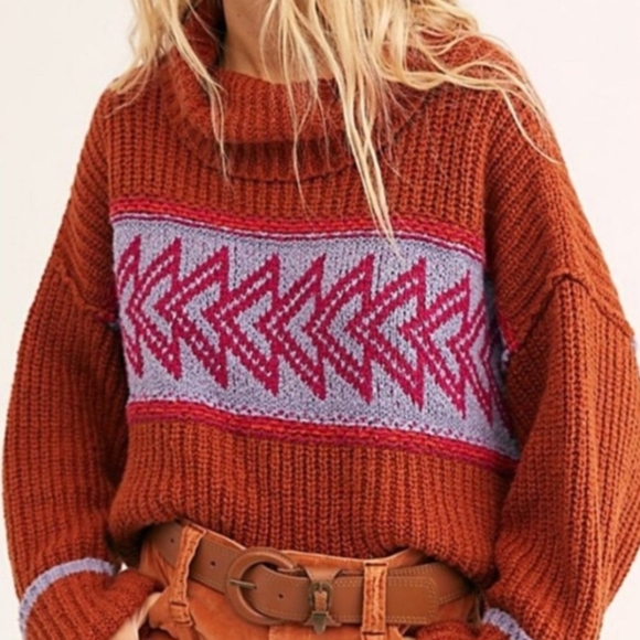 Free People Greater Than Rust Orange Pele Combo Cowl Neck Sweater, Sz M - Picture 2 of 9